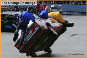 Three men hang out of a car as it balances on two wheels. One of them is changing one of its tyres.