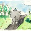 Watercolour painting Woman riding away from us on an elephant along a path surrounded bey greenery and a blue sky.