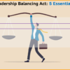 Businessman with large balance scales held aloft, with the word Stability on one side and the word Change on the other.