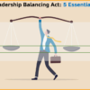 Businessman balancing Planning vs Agility on a huge pair of balance scales.