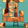 A woman stands on a stool with her back to us. She is moving around pieces of a huge portrait of herself, seemingly shuffling around her identity.
