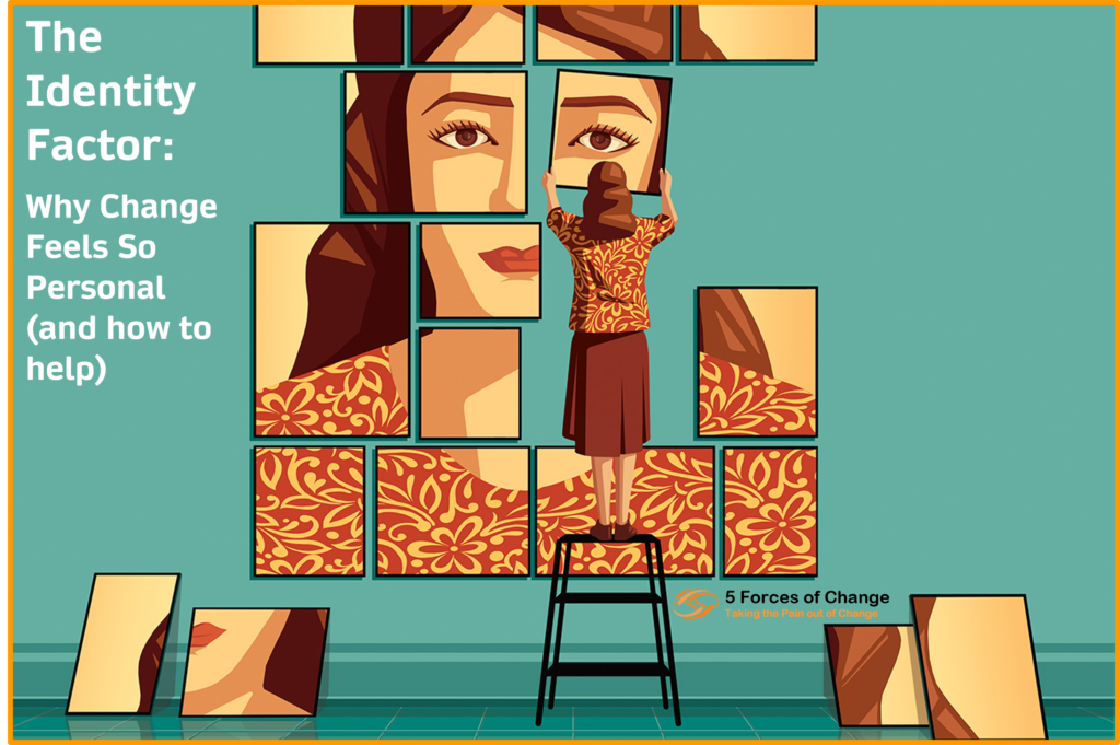 A woman stands on a stool with her back to us. She is moving around pieces of a huge portrait of herself, seemingly shuffling around her identity.