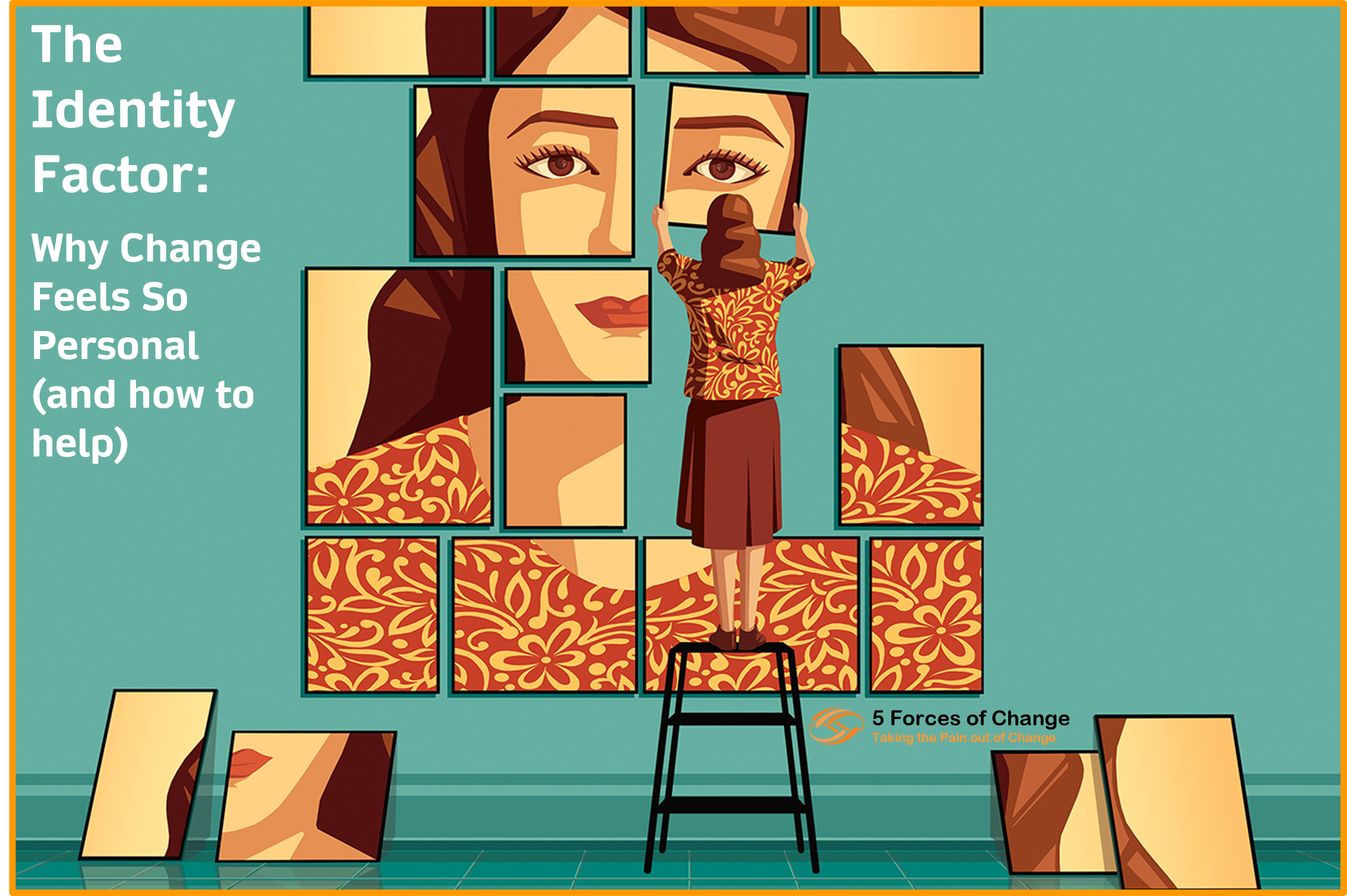 A woman stands on a stool with her back to us. She is moving around pieces of a huge portrait of herself, seemingly shuffling around her identity.