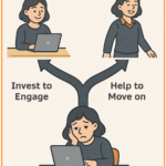 Disengaged woman at her laptop looking unhappy. A path above her head splits in two: 1. Invest and engage - shows the same person now happy. 2. Help to move on - show her happy at moving on