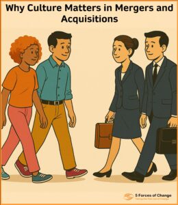 A woman and man dressed casually walk towards another pair who are dressed in formal business attire. They are contemplating each other curiously.