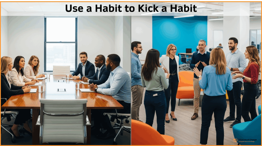 Two images. One with people meeting around a boardroom table. The other the same people meeting stood in a circle facing each other in a Huddle Meeting.