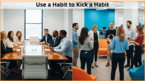 Two images. One with people meeting around a boardroom table. The other the same people meeting stood in a circle facing each other in a Huddle Meeting.