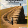 Man at the bottom of a hill is puzzling over two option. Either climb up via some small well made steps or via some rougher much bigger steps. The title reads 'Continuous Improvement vs Step-Change'.