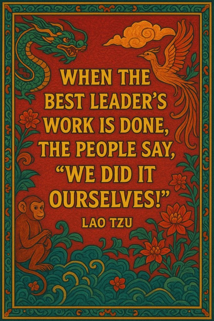 A quote from philosopher Lao Tzu on a backdrop of Chinese motifs. Thre include a dragon, a monkey, a bird of paradise and lotus flowers.