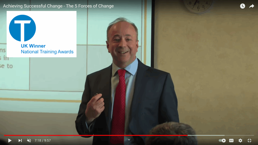 Anthony Greenfield of The 5 Forces of Change running a training course on leading organisational change. UK National Training Award Winner logo in the top left corner.