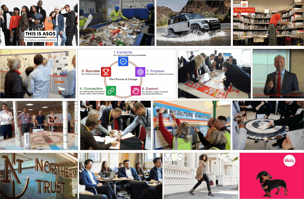 Images of clients of The 5 Forces of Change sandwiching images of client leaders and employees engaging with The 5 Forces of Change through interactive activities.