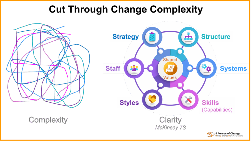 On the left is a jumble of different coloured strains - with the word Complexity below. To the right it the orderly multi-coloured structure of the 7S model illustrating key elements of an organisation - such as Systems, Structure and Shared Values - and their interconnections. The word 'Clarity, McKinsey 7S' below.