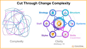 On the left is a jumble of different coloured strains - with the word Complexity below. To the right it the orderly multi-coloured structure of the 7S model illustrating key elements of an organisation - such as Systems, Structure and Shared Values - and their interconnections. The word 'Clarity, McKinsey 7S' below.