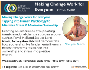 Photo of speaker Anthony Greenfield of The 5 Forces of Change - who is speaking at a virtual event for Change Management Institute UK. Title of webinar is 'Making Change Work for Everyone'. Date and time: Wed 26 November 17:15 GMT, 12:15 EST.