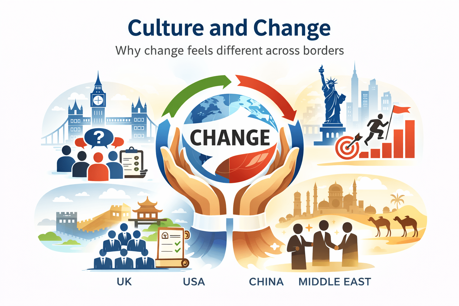 Symbols of 4 different cultures: US, UK, China and Middle East.